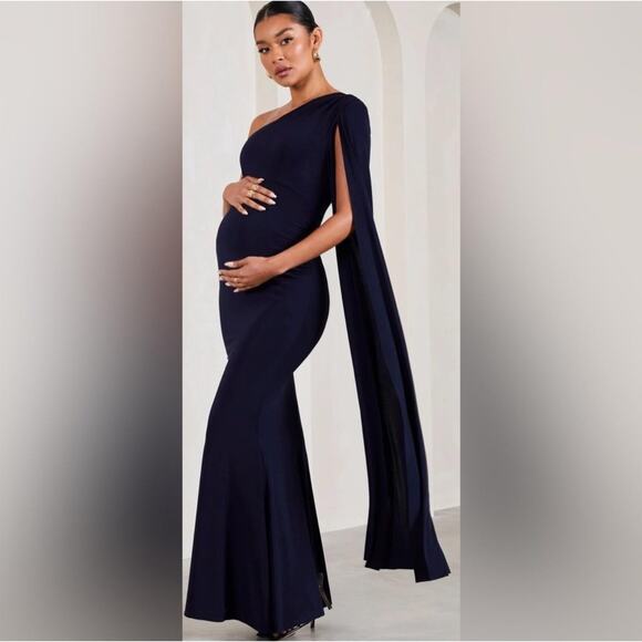 Club L London Dress Womens 12 Amara Maternity One Shoulder Cape Maxi Gown Formal - Picture 1 of 11